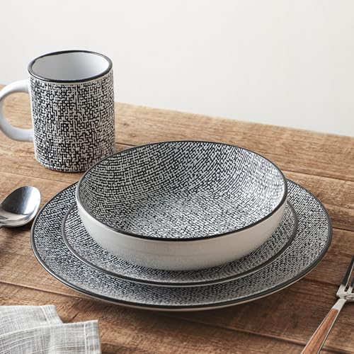 Stone Lain Sophie Rustic Stoneware Dinnerware Service for 4, Black and White Textured, 16 Pieces