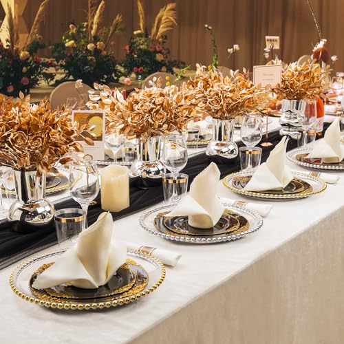 Hioasis 175pcs Black and Gold Plastic Plates - Black Gold Disposable Plates Include 25 10.25” Dinner Plates,25 7.5” Dessert Plates,25 Knives,25 Forks,25 Spoons,25 Napkins for Wedding & Party Halloween