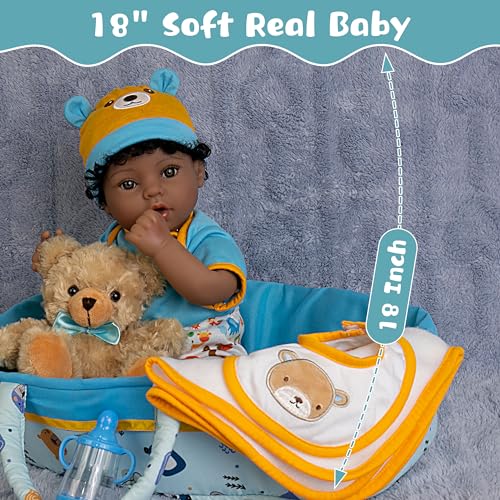 EKOKIZ Lifelike Reborn Baby Doll 18-Inch American African Baby Boy Newborn Baby Doll Soft Cloth Body Real Life Baby Dolls for Kids 3+, Complete with Clothes and Toy Accessories