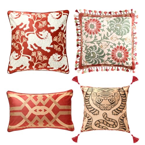 patdrea Designer Chinoiserie Throw Pillow Covers Pack of 4,Vintage Festive Red Velvet with Zodiac Cartoon Tiger Pattern,Decorative Square Lumbar Pillowcases Cushion for Bed Living Room Outdoor Car