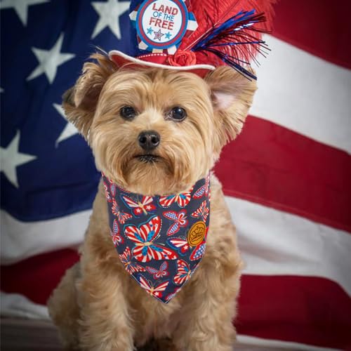 CROWNED BEAUTY 4th of July Patriotic Dog Bandanas Reversible Small 2 Pack, Butterfly Stars Set, Plaid Adjustable Triangle Holiday Scarves for Dogs Pets Boy Girl Pets DB121-S