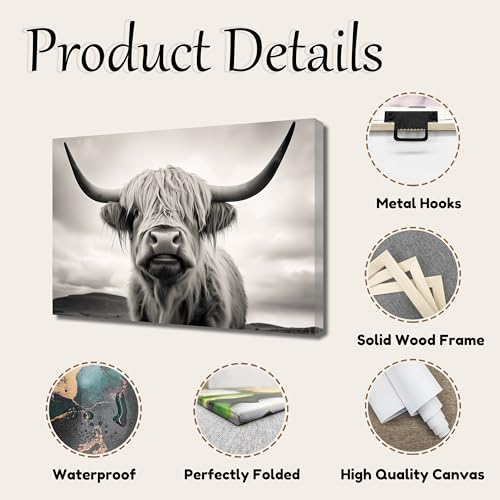 QIXIANG Large Black and White Highland Cow Canvas Wall Art Longhorn Highland Cow Picture Prints Farmhouse Cow Portrait for Home Decor (Cow-A,12.00" x 18.00")