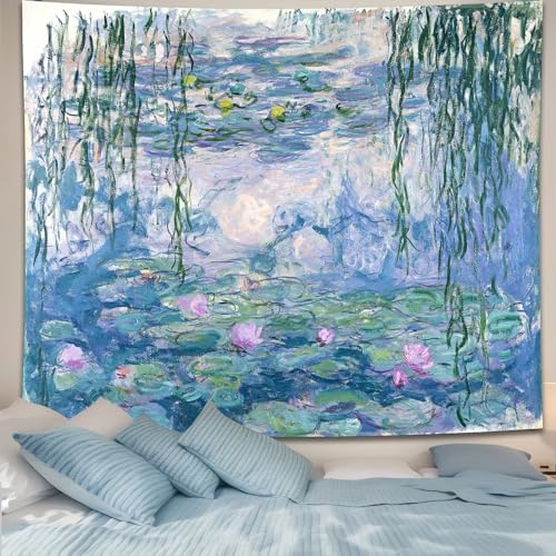 Avinyl Vintage Monet Waterlily Floral Tapestry, Art Tapestry for Bedroom, Blue and Pink Flower Wall Hanging, Abstract Garden Aesthetic Tapestry, 39x51 inches