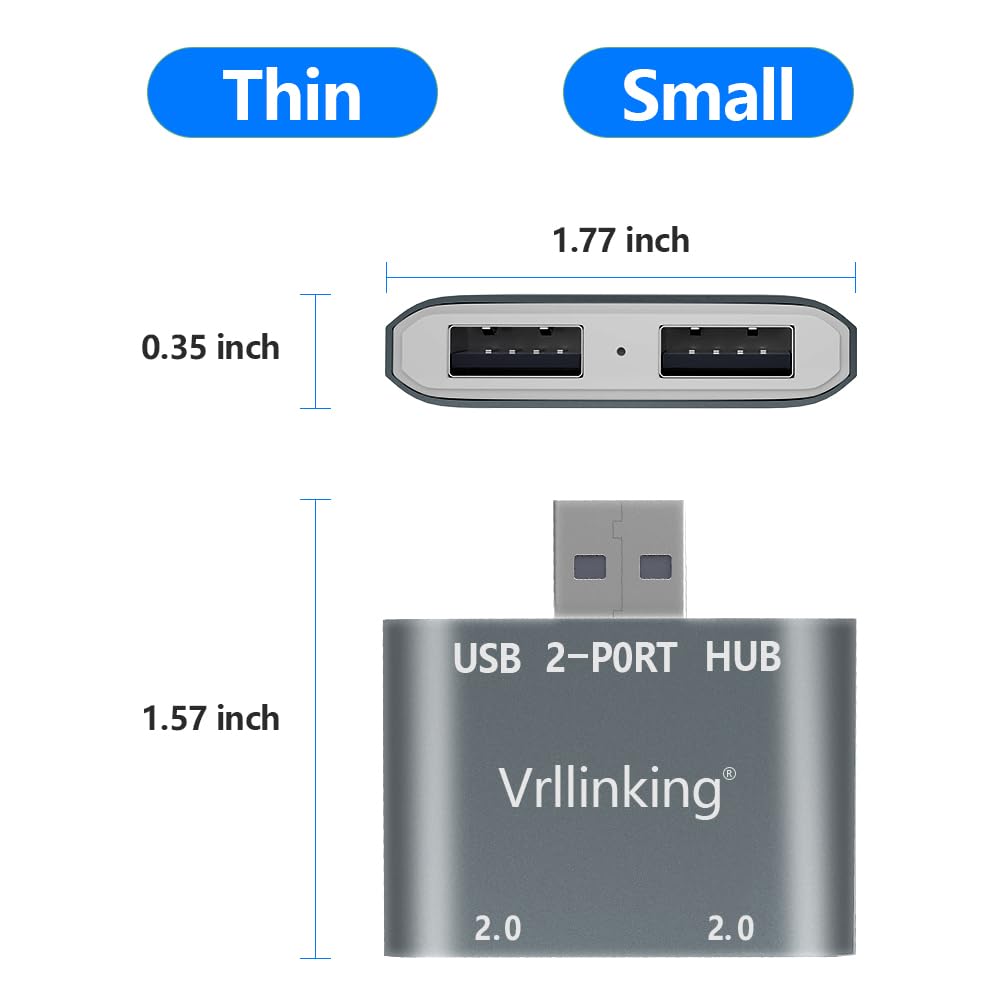 Vrllinking USB Hub, 2 Ports USB 2.0 Hub for Laptop, 2 Ports USB Splitter USB Expander for iMac Pro,MacBook Air, Mac Mini/Pro,Windows/Notebook PC,Printer,Flash Drive,Mobile HDD,Data and Charging