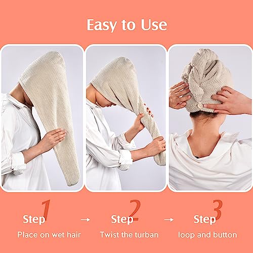 YFONG 2 Pack Large Microfiber Hair Towel Wrap for Women, Thicken Super Absorbent Quick Dry Hair Turban for Drying Curly Long Thick Hair Anti Frizz, Hair Drying Towel with Button for Wet Hair