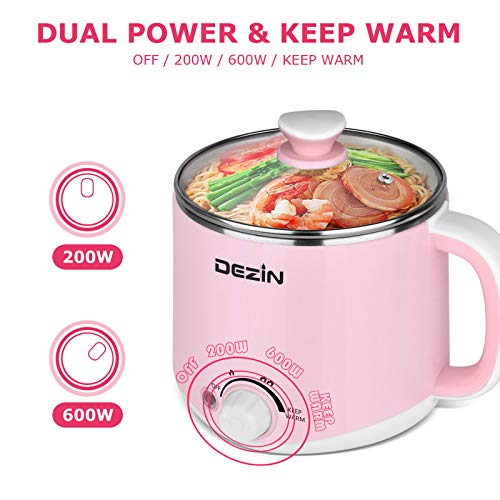 Dezin Electric Pot with Steamer, Stainless Steel Electric Cooker 1.6 Liter, Hot Pot Electric for Ramen, Egg, Dumpling, Soup, Oatmeal with Temperature Control and Keep Warm Function