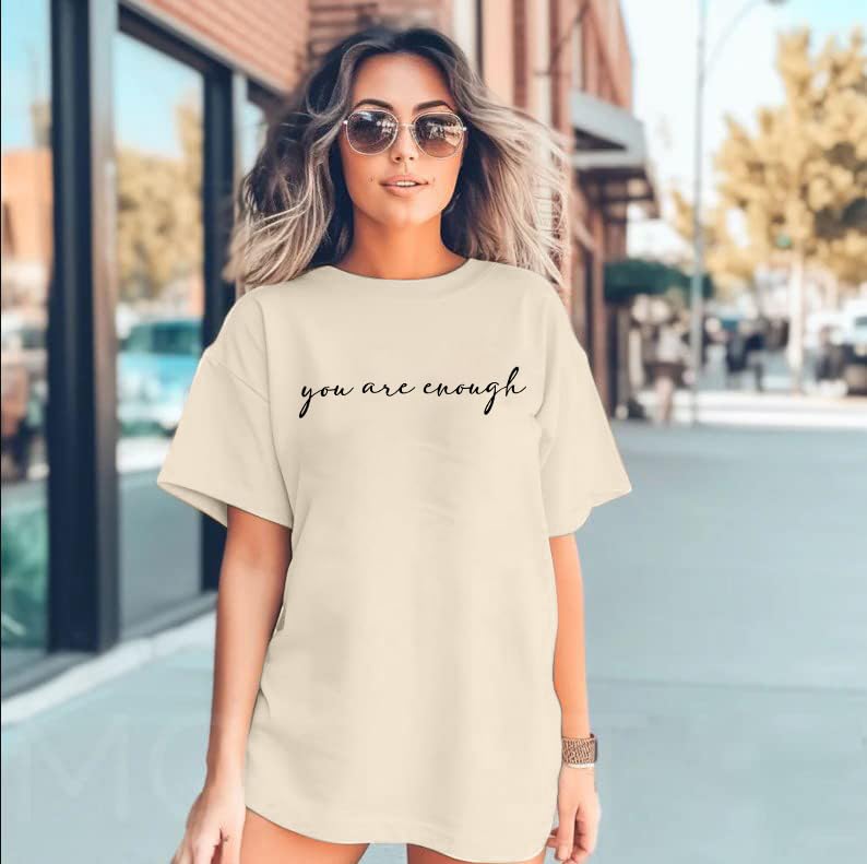 You are Enough Shirt Women Oversized Dear Person Behind Me T-Shirt Mental Health Inspirational Short Sleeve Tee Tops Apricot