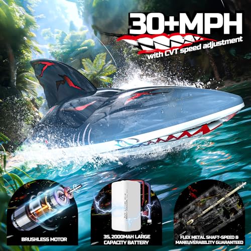 DEERC Brushless RC Boat, Fast Racing Jet Boat, 25+MPH, 30+ Mins Remote Control Boat with LED Light for Boys & Adults, Full Proportional Speed Boat, Pool Toy for Kids