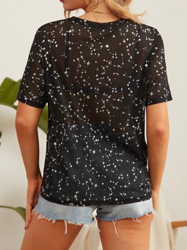 HWOKEFEIYU Women's Summer Short Sleeve Tops See Through Mesh Sheer Sexy T Shirt Blouse(Black,Small)