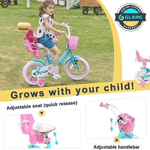 Glerc Maggie 12 Inch Girls Bike Ages 1 2 3 4 Years Old Kids Bicycle Princess Style with Doll-Seat & Basket & Training Wheels & Bell for Birthday, Blue