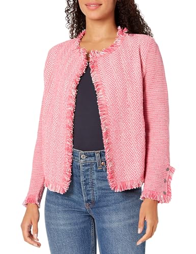 NIC+ZOE Women's Plus Size Fringe Knit Jacket, Pink Mix