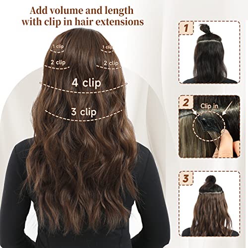 Fliace Clip in Hair Extensions, 6 PCS Natural & Soft Hair & Blends Well Hair Extensions, Medium Brown Long Wavy Hairpieces(20inch, 6pcs, Medium Brown)