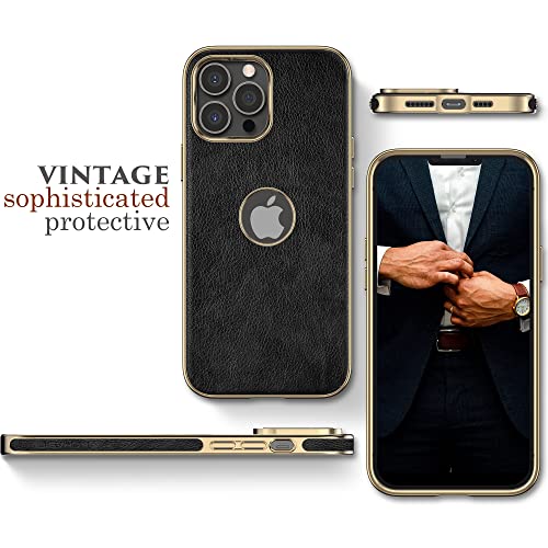 LOHASIC Case for iPhone 14 Pro Max, Logo View, Vintage PU Leather Luxury Elegant ProMax Phone Cover for Men Women, Anti-Slip Grip Protective TPU Bumper, 6.7 Inch, 5G, 2022 - Black Gold