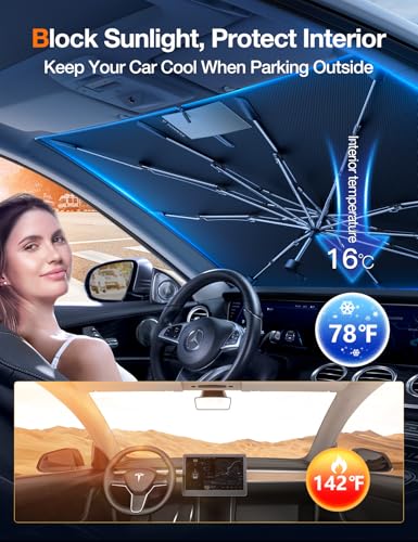 TORRAS Car Windshield Sun Shade Umbrella [Easy to Use] Sun Visor Shield for Front Windshield with Retractable Handle, Block UV Rays Heat, Protect Car Interior, Fits Car SUV