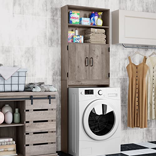 HOSTACK Over The Toilet Storage, Double Door Bathroom Organizer Toilet Cabinet, Freestanding Above Toilet Rack with Open Shelves and Adjustable Bottom Bar, 76.8 in H, White
