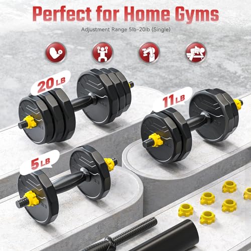 FEIERDUN Adjustable Dumbbells, 40lbs Free Weight Set with 4 Modes, Used as Barbell, Kettlebells, Push up Stand, Fitness Exercises for Home Gym Suitable Men/Women
