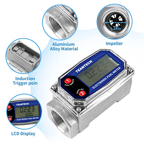 TEANTECH Digital Turbine Flow Meter Digital LCD Display with NPT Counter Gas Oil Fuel Flowmeter for Measure Diesel Kerosene Gasoline (1 Inch)