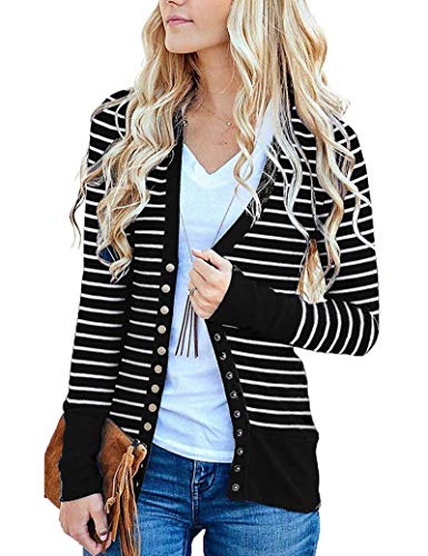 RichCoco Women's Striped Button Down Open Front Long Sleeve Contrast Color Casual Cardigans Sweaters (Mustard, S)