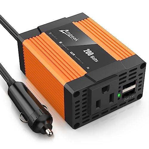 Ampeak 200W Car Power Inverter 4.8A Dual USB Ports AC Outlet Car Inverter DC 12V to AC 110 Car Plug Adapter