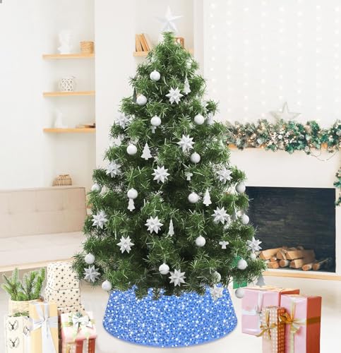 OMKSIH Christmas Tree Collar 24 Inches Baby Blue Sequin Tree Skirts for Artificial Trees Xmas Tree Base Cover Double-Layer Velvet Tree Skirt Cover Glitter Tree Stand Collar for Christmas Decorations