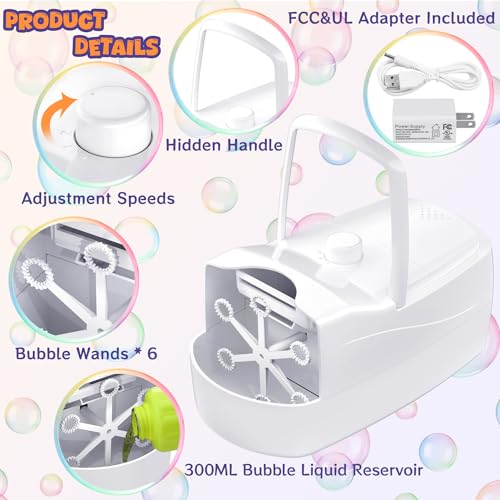 Bubble Machine,18000+ Big Bubbles/Min Automatic Bubble Blower for Kids with 2 Speeds,6 Wands,Operated by Plugin or Batteries Bubble Maker for Outdoor/Indoor Birthday Parties,Wedding (White)