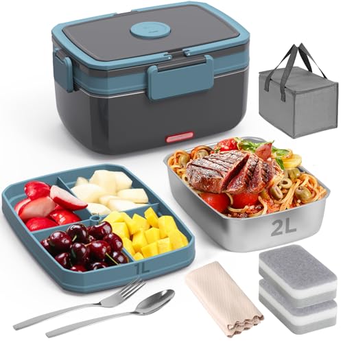 Geveniss Electric Lunch Box Food Heater with 2L Stainless Steel & 1L PP Fruit Container Bento Box, 90W (12V/24V/110V) Fast Heating Food Warmer for Car/Truck/Office Use, Ideal for Men, Women, Adults