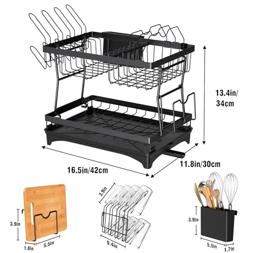 PKBD Rustproof Stainless Steel Dish Drying Rack,2 Tier Large Dish Rack for Kitchen Counter,Dish Rack with Drainboard,Utensil Holder & Cup Holder,Black