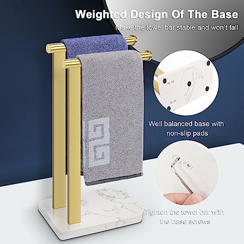 NearMoon Hand Towel Holder with Balanced Marble Base, SUS304 Stainless Steel Stand Towel Ring L Shape Hand Towel Rack Free-Standing Towel Bar for Bathroom Kitchen Countertop (Double Rod, Brushed Gold)