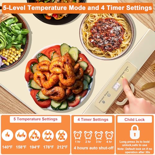 Fokzucyo Food Warming Mat,Full Surface Heat Electric Warming Tray,5 Temp-Settings Warming Mat for Food,Portable Silicone Food Warmer Mat with Handle,Food Warming Mat for Buffet,Parties,Gatherings