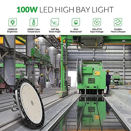 Flakeeper LED High Bay Light 100W 14000 LM with US Plug 5ft Cable, 5000K Daylight, IP65 Waterproof, UFO Commercial Industrial Warehouse Workshop Factory Barn Garage Area Lighting Fixture, 2PCS