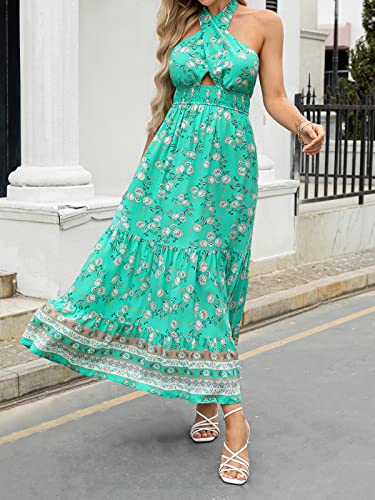 ZESICA Women's 2024 Summer Crossover Halter Neck Sleeveless Plaid Cut Out Backless Flowy A Line Maxi Dress,LycheeRed,Medium