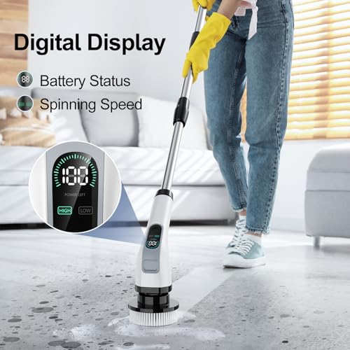 Electric Spin Scrubber with Long Handle: Cordless Power Shower Scrubber Spin Brush with 7 Brush Replacement Heads for Cleaning Bathroom,Tub, Tile