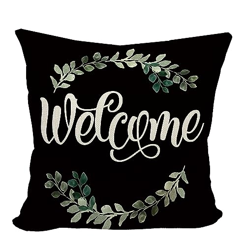 Mancheng-zi Welcome Pillow Covers 18x18,Porch Decor,Outdoor Pillows,Outdoor Pillow Covers,Outdoor Throw Pillows, Farmhouse Porch Deco,Patio Pillows,Outdoor Pillows for Patio Furniture(Black)