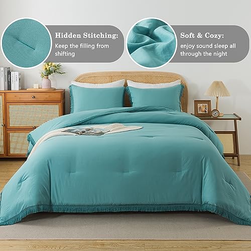 Andency Yellow Tassel Comforter Set Full(79x90Inch), 3 Pieces(1 Boho Comforter, 2 Pillowcases) Farmhouse Shabby Chic Comforter Set, Soft Microfiber Lightweight Fringe Bedding Comforter Set