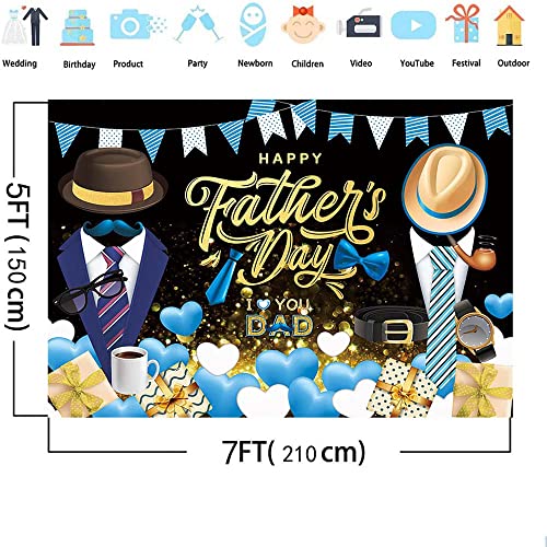 MEHOFOND 7x5ft Happy Father's Day Backdrop Blue Necktie I Love You Dad Black and Gold Father's Day Background Gift Black and Gold Father's Day Decoration Family Party Photo Booth Supplies Banner