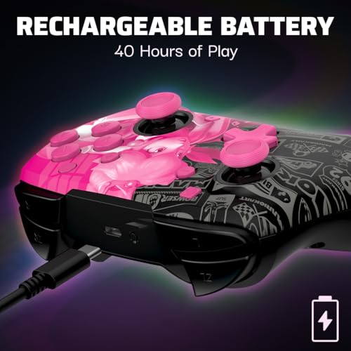 PDP REMATCH GLOW Enhanced Wireless Licensed Nintendo Switch Pro Controller, Rechargeable 40 hour battery power, Customizable Gaming Buttons, 30-foot Range: Mario Kart Grand Prix Princess Peach (Pink)
