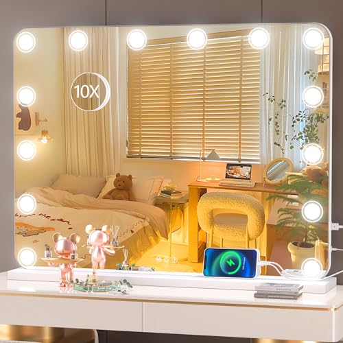 Hasipu Vanity Mirror with Lights, 32" x 24" Makeup Mirror, Light up Mirror with 14 Dimmable LED Lights and 10X Magnification, 3 Colors Modes, Touch Control, USB Charging Port, Black