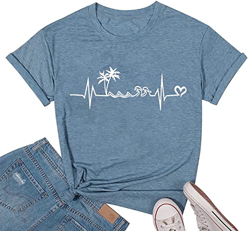 Beach Heartbeat T Shirt for Women Love Heart Graphic Tees Print Shirts Short Sleeve Casual Summer Vacation Tee Tops-Blue S