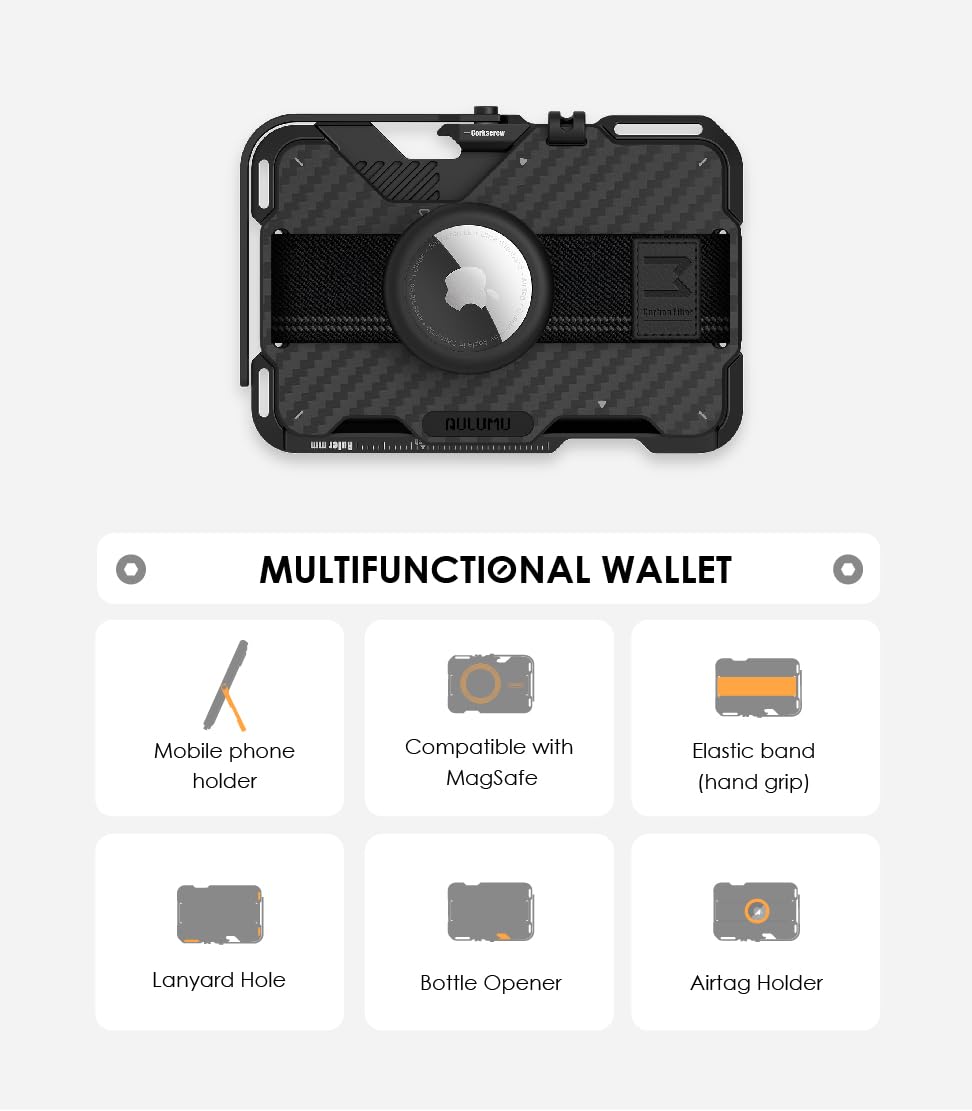 Aulumu G03 Carbon Fiber Magnetic Wallet Card Holder | Magnetic Wallet Compatible with MagSafe | Multi Function - Mobile Phone Stand/Grip | Bottle Opener | RFID Shielding Card