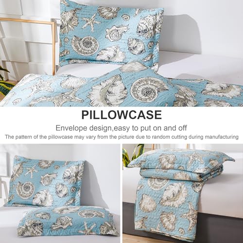 Junsey Beach Quilts Set Twin Size Ocean Theme Bedspreads,3 Pcs Seashell Conch Starfish Coverlet Set Lightweight Reversible Bedding with Pillow Shams,Blue