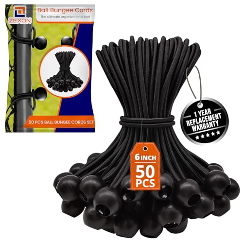 ZEXON Ball Bungee Cords 6 Inch - 50 Bungee Cords with Balls to Tie Your Tarps, Canopies and Covers - Versatile and Strong Cords for Camping, Gardening and Home Improvement