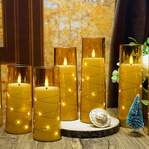 kakoya Flameless LED Candles with Timer 9 Pc Flickering Flameless Candles for Romantic Ambiance and Home Decoration Stable Acrylic Shell,with Embedded Star String，Battery Operated Candles（Orange）