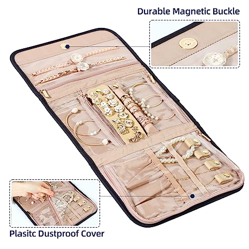 NISHEL Travel Jewelry Organizer Roll, Transparent Foldable Case for Necklaces, Earrings, Rings, Bracelets, Watch, Pink