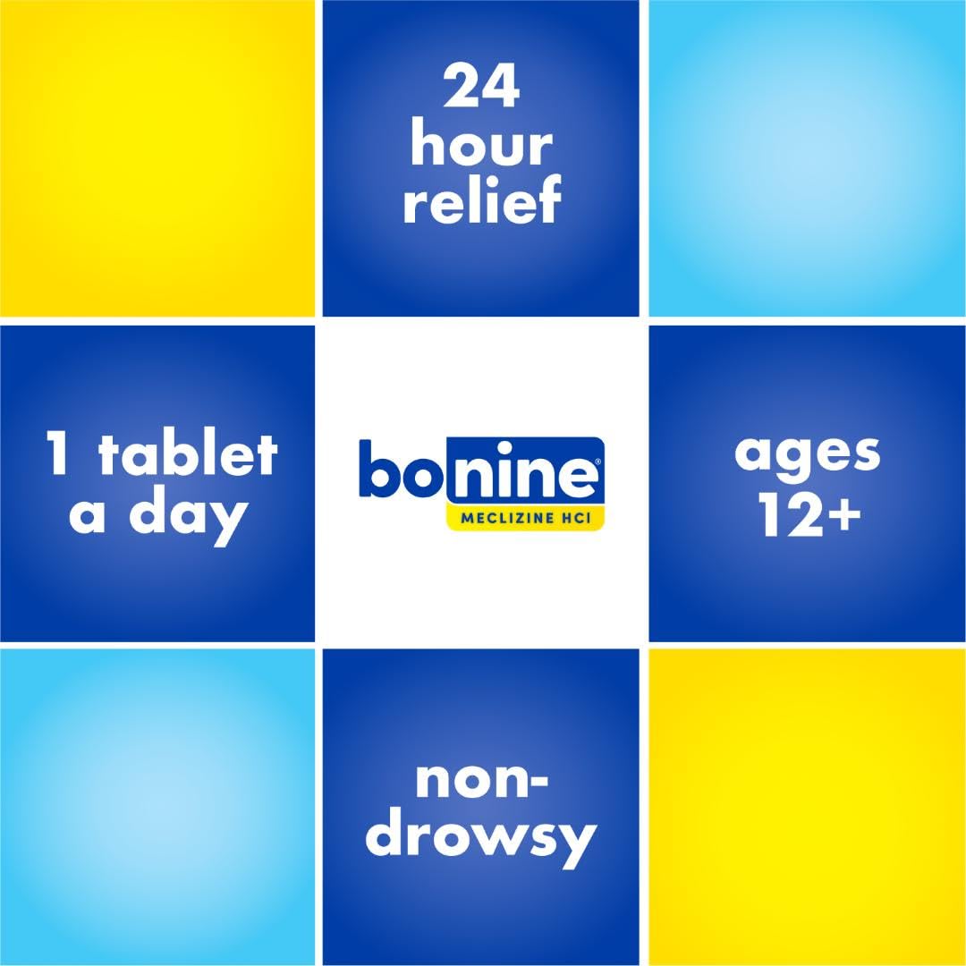 Non-Drowsy Bonine for Motion Sickness Relief, Sea Sickness, Car Sickness, Nausea, & Vomiting - Meclizine HCI 25mg, Travel-Sized - 16ct Raspberry Chewable Tablets (Packaging May Vary)