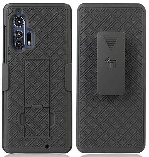 Case with Clip for Motorola Edge Plus, Nakedcellphone [Black Tread] Kickstand Cover with [Rotating/Ratchet] Belt Hip Holster Combo for Moto Edge+ (2020, XT2061)