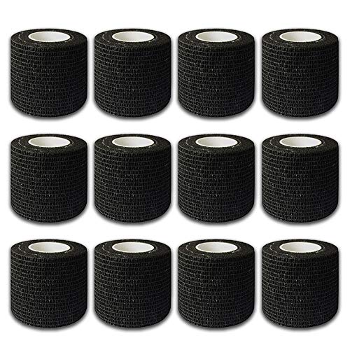 Autdor Tattoo Grip Cover Wrap - 12Pcs 2" x 5 Yards Disposable Cohesive Tattoo Grip Tape Wrap Black Elastic Bandage Rolls Self-Adherent Tape for Tattoo Machine Grip Tube, Sports Tape