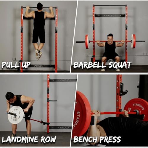 Mikolo 2" x 2" Folding Wall Mounted Squat Rack, 1000 Pounds Capacity Power Rack with Pull Up Bar, J Hooks, Landmine and Other Attachments, Space-Saving Home Gym(Black）
