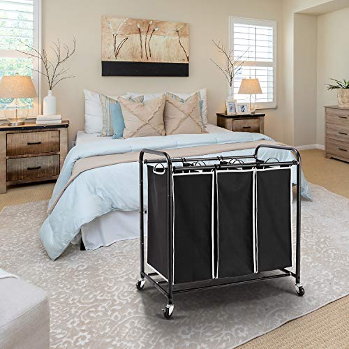ROMOON Laundry Sorter, 3 Compartment Laundry Hamper with Heavy Duty Rolling Lockable Wheels, Laundry Basket Organizer with Removable Bags for Dirty Clothes Storage, Black