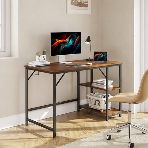 JOISCOPE Home Office Computer Desk with Wooden Storage Shelf, Office Desk and Gaming Table with Splice Board, 2-Tier Industrial Morden Laptop Study Writing Desk, 48 x 24 inches (Vintage Oak)
