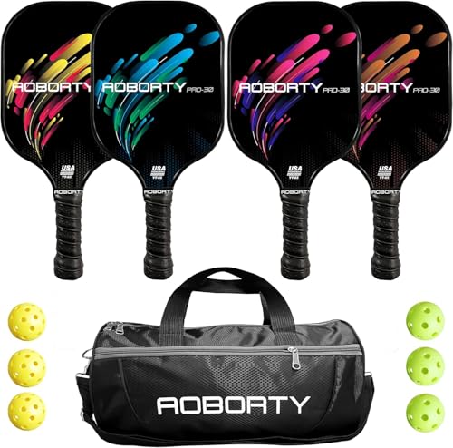 AOBORTY Pickleball Paddles 4 Pack - USAPA Light Graphite Premium Rackets Fiber Face & Polymer Honeycomb Core Pickleball Set with 6 Outdoor Indoor Balls Including Portable Carry Bag